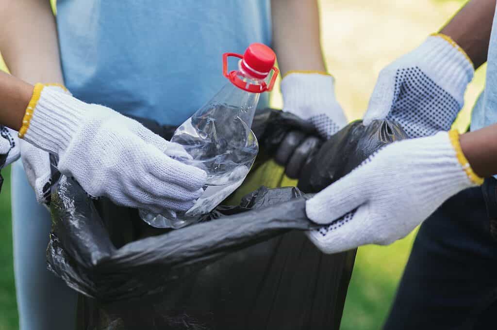Volunteers collecting recyclable plastic bottles in park